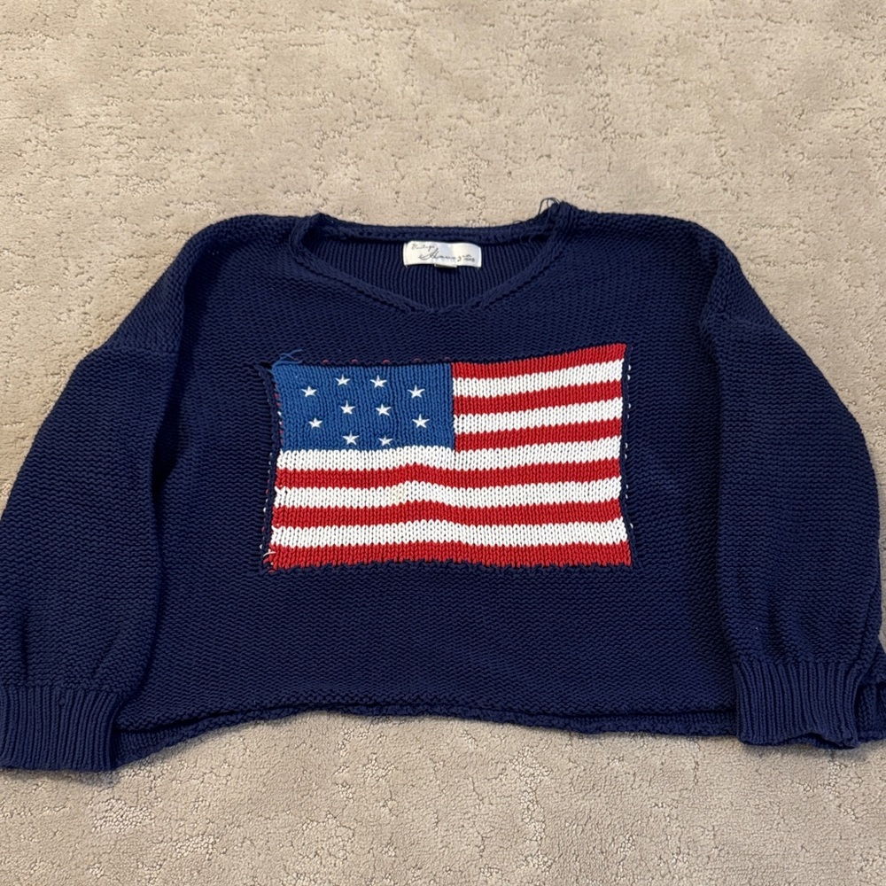 Vintage Havana Blue V-Neck Sweater with Flag Design